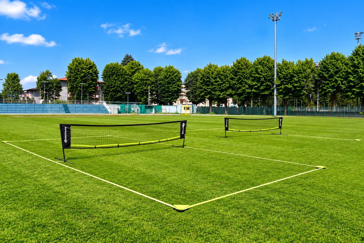 Due campi da calciotennis Freestyle Experience allestiti con reti e linee su campo in erba